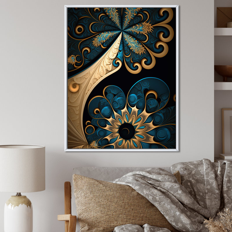 «Fractal Flower» en rétro or et bleu sarcelle foncé sur toile, H 32 po x l 24 po x P 1 po, Cadre flottant blanc