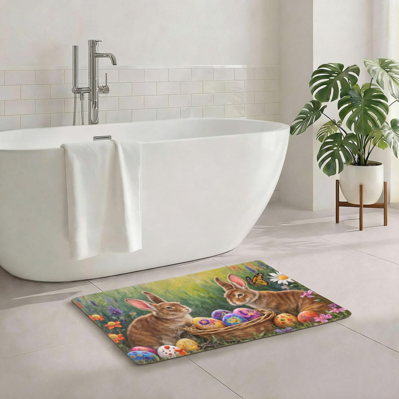 Multicolore tapis de bain 20 x 32 po Pâques, Motif de lapin de Pâques brun / vert / jaune