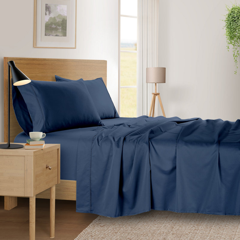 Ensemble de draps en coton 500 fils 4 pièces Kathy Ireland, Ensemble de draps pour grand lit avec 2 taies d'or, Navy