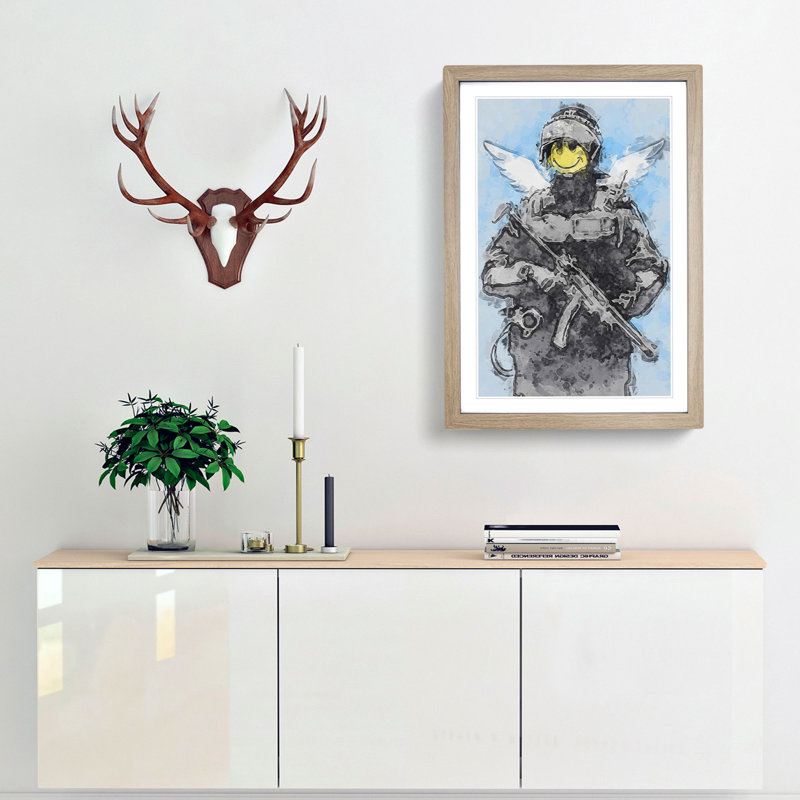 Smiley Policeman by Banksy - Picture Frame Painting Print, Oak Framed, 36cm H x 27cm W x 2cm D