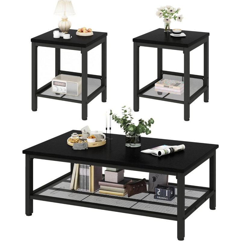 Industrial Coffee Table, Coffee Table Set Of 3 With 2 Square End Side Tables, Faux Marble Coffee Table With Metal Frame For Apartment Home Office, White Black