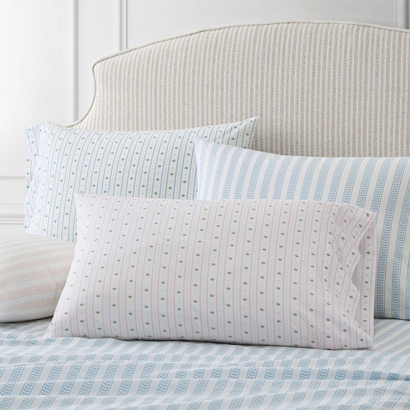 Martha Stewart Cotton Percale  Sheet Set, King Sheet Set with 2 Pillowcases, Floral Stripe Blue
