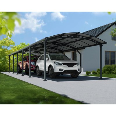 Palram - Canopia Arcadia 12' W x 42' D Polycarbonate Galvanized Steel Weather-Protected Carport Canopy for Cars Trucks Gray