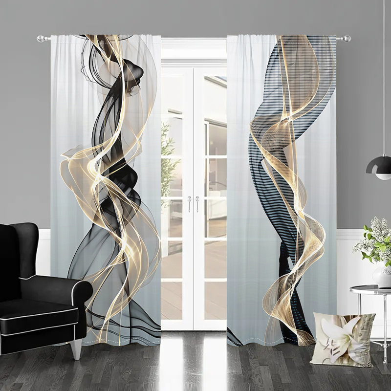 2Pcs Abstract Wave Curtains Rod Pocket Mount Digital Printing Black Gold Grey Sheer Polyester Material Modern Elegant Pattern Window Treatment for Living Room Bedroom Kitchen Home Decor