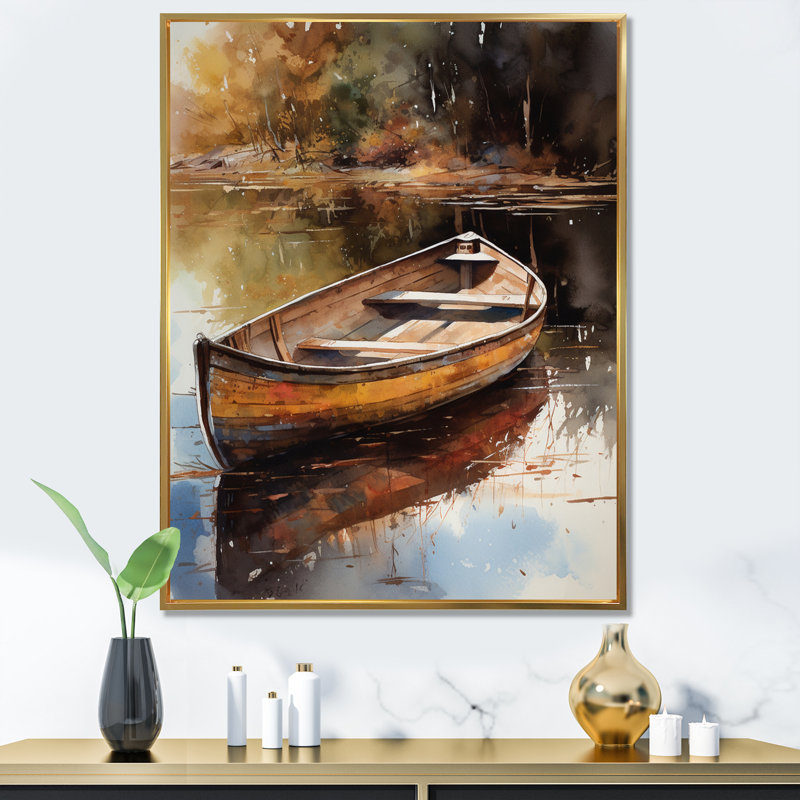 «Lake Serenity Dinghy Boat Resting on the Water», reproduction sur toile, H 44 po x l 34 po x P 1,5 po, Cadre flottant doré
