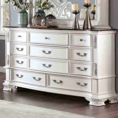 Prio Wide Dresser, 11 Drawers, Marble Top, Carved Wood