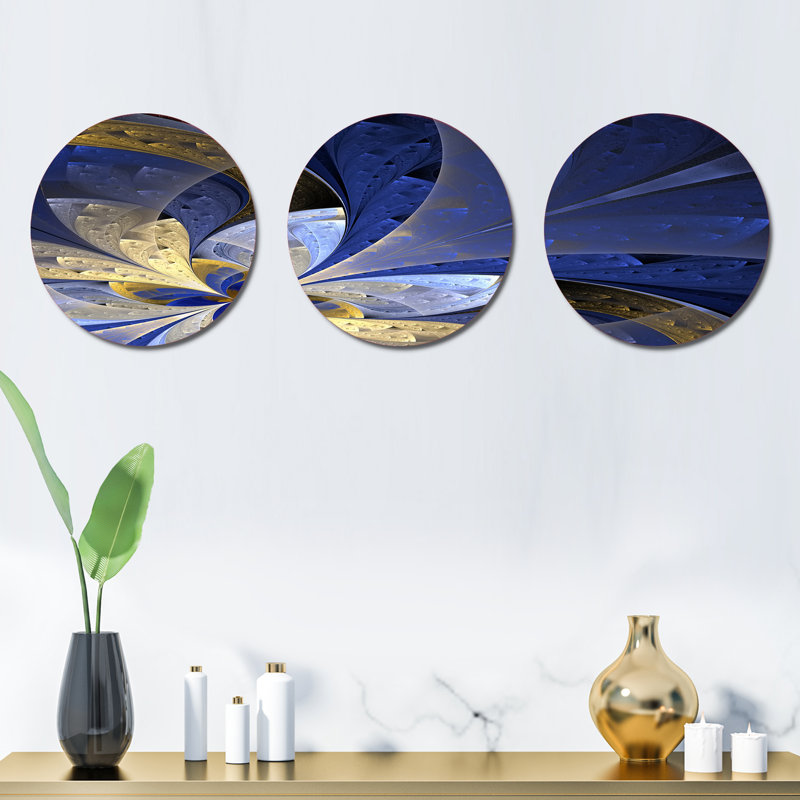 Blue and Gold Abstract Wall Decor on Metal Circle 3 Piece Wall Art Set