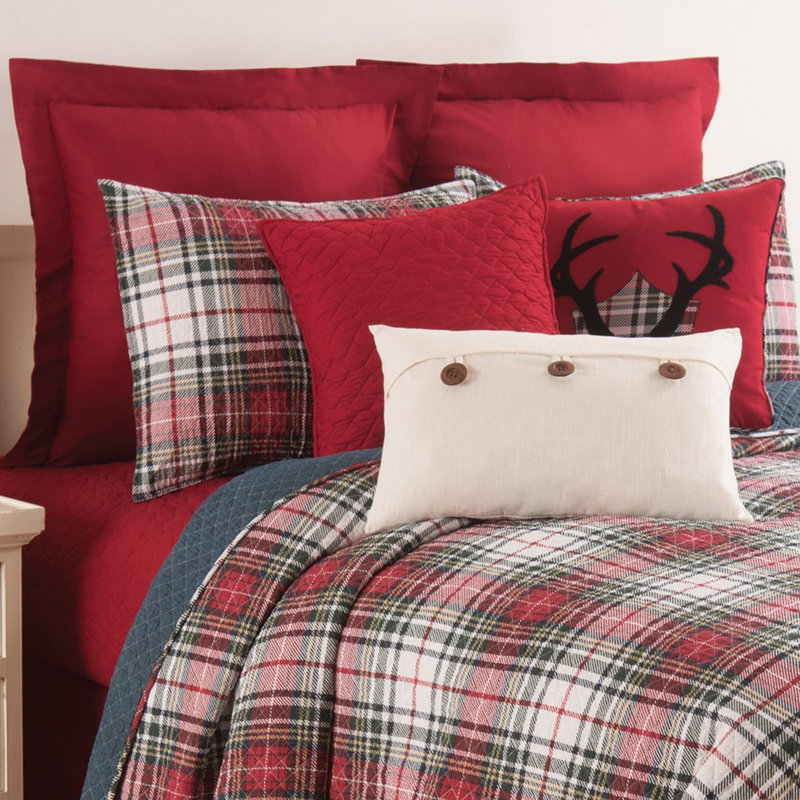Red and Plaid Cotton Embroidered Antler Mount Pillow