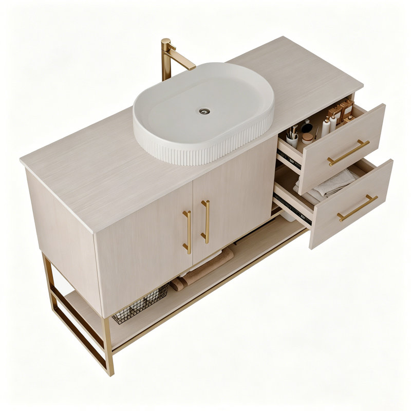 Meuble-lavabo moderne 47,2 po avec lavabo vasque en céramique, armoire autoportante dorée