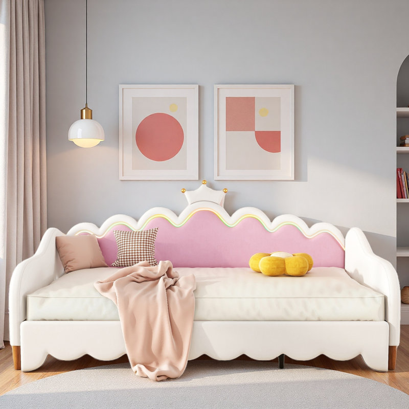 Extending Upholstered Daybed With Led Lights And Crown Headboard, White