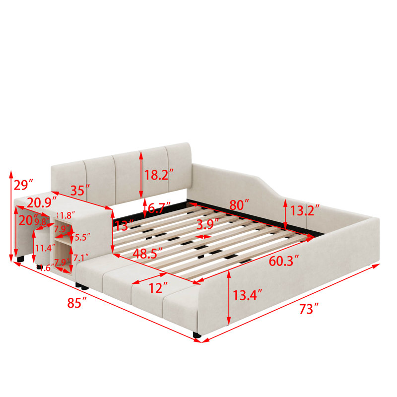 Grand lit tapissier à la terre avec bureau et petit tabouret rond, Beige