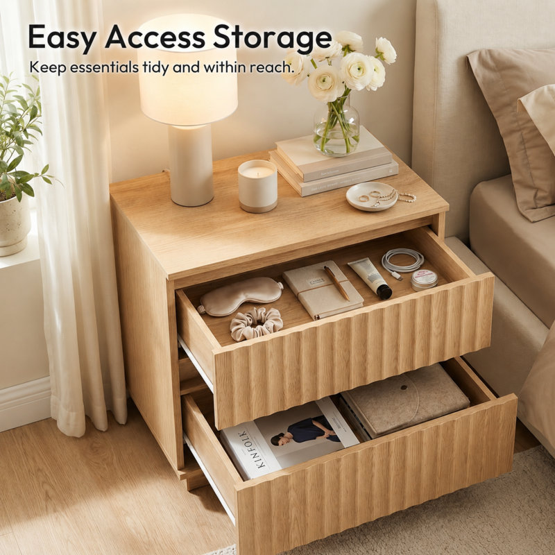 23.6" Wide Fluted 2-Drawer Nightstand with Handle-Free Design, Natural Oak