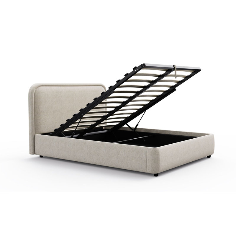 Modern Upholstered Lift-Up Storage Bed with Curved Headboard, Low Profile Platform, Queen, Boucle