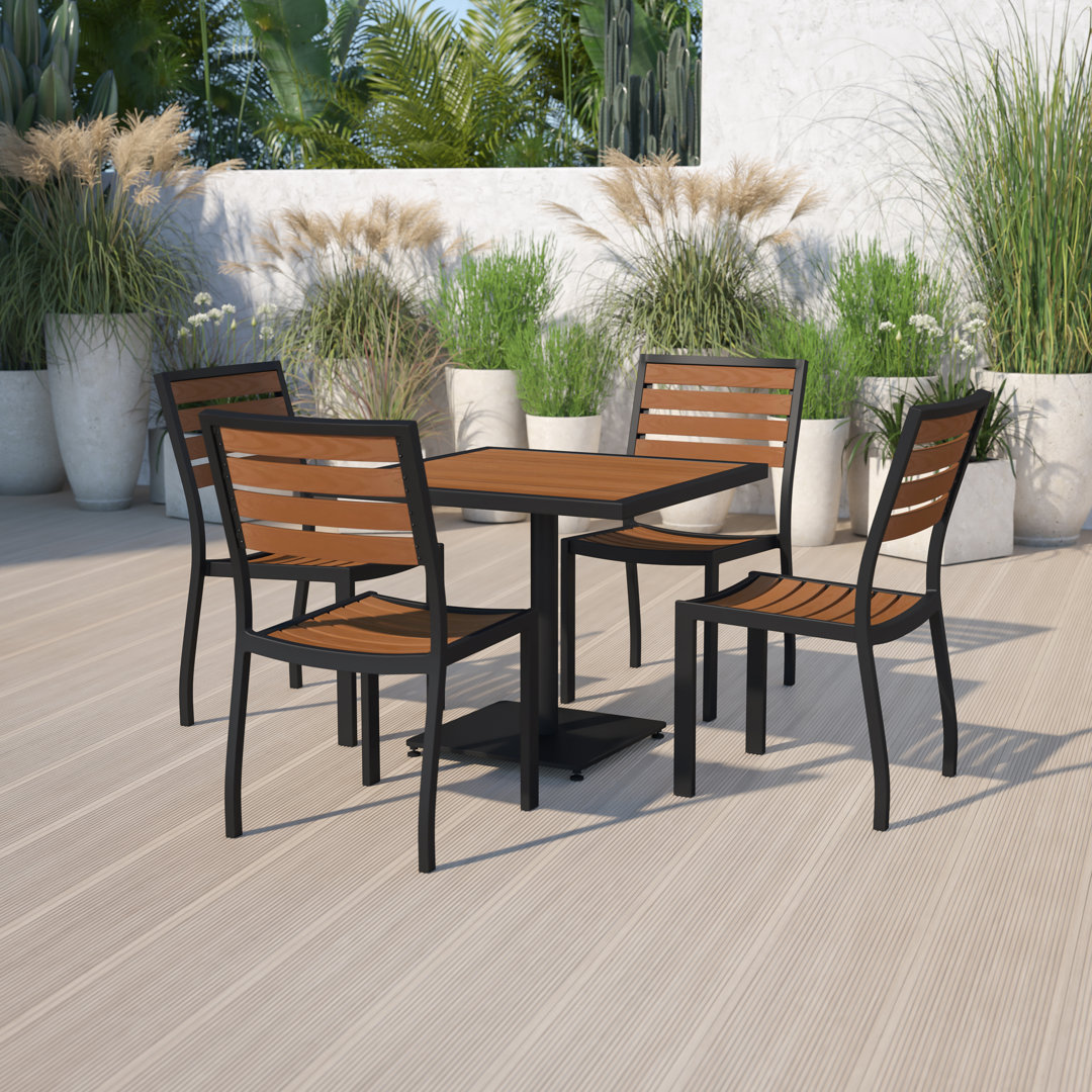 Flow Outdoor Patio Bistro Dining Table Set with 4 Chairs and Faux Teak Poly Slats Steelside™