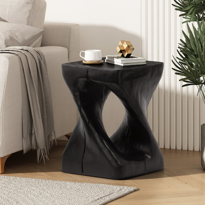 Table d'appoint torsadée noire avec texture bois, usage intérieur/extérieur, 30 cm de large, 40,6 cm de hauteur, capacité de 90,7 kg, prête à l'emploi, design et veinage, usages multiples pour la maison et le jardin, 30 x 40,6 cm.