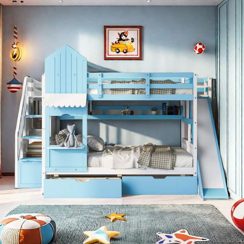 Hatina Kids Castle Style Storage Bunk Bed with Slide and Stairs, Blue, Full