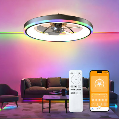 Ventilateur de plafond à profil bas 23,6 po avec lumières RVB, ventilateur encastré noir avec télécommande et application, 6 vitesses et 3 lumières à intensité variable 3 000 T CC pour la chambre à coucher, le salon.
