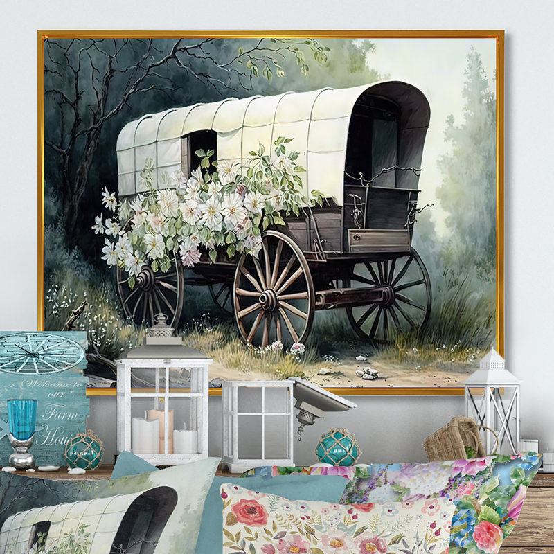 «Flower Old Cottage Caravan I», reproduction sur toile, H 30 po x l 40 po x P 1,5 po, Cadre flottant doré