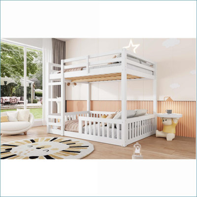 Full Over Full Pine Wood Bunk Bed with Ladder &amp; Guardrails – White, No Box Spring Needed, 600lbs Capacity