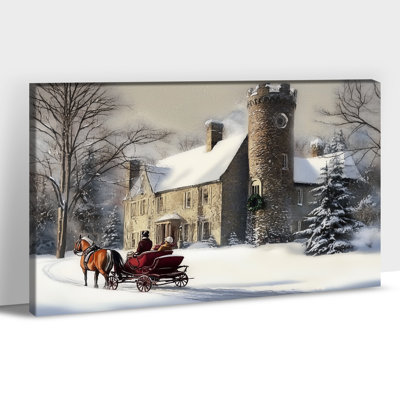 Canvas Wall Art Snowy Winter Landscape Castle Christmas Scene, Horse Sleigh Framed Canvas Prints, Vintage Winter Pictures Wall Decor Poster Painting for Living Room Bedroom, 12×16 Inches