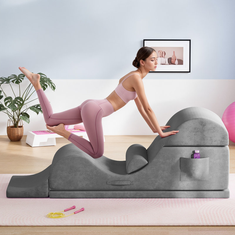  2-in-1 Foldable Yoga Chair with Removable Washable Cover, Ergonomic Chaise Lounge and Bed Bench for Home Studio, Gray
