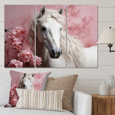 Cheval rose blanc doux sur 3 impressions sur toile