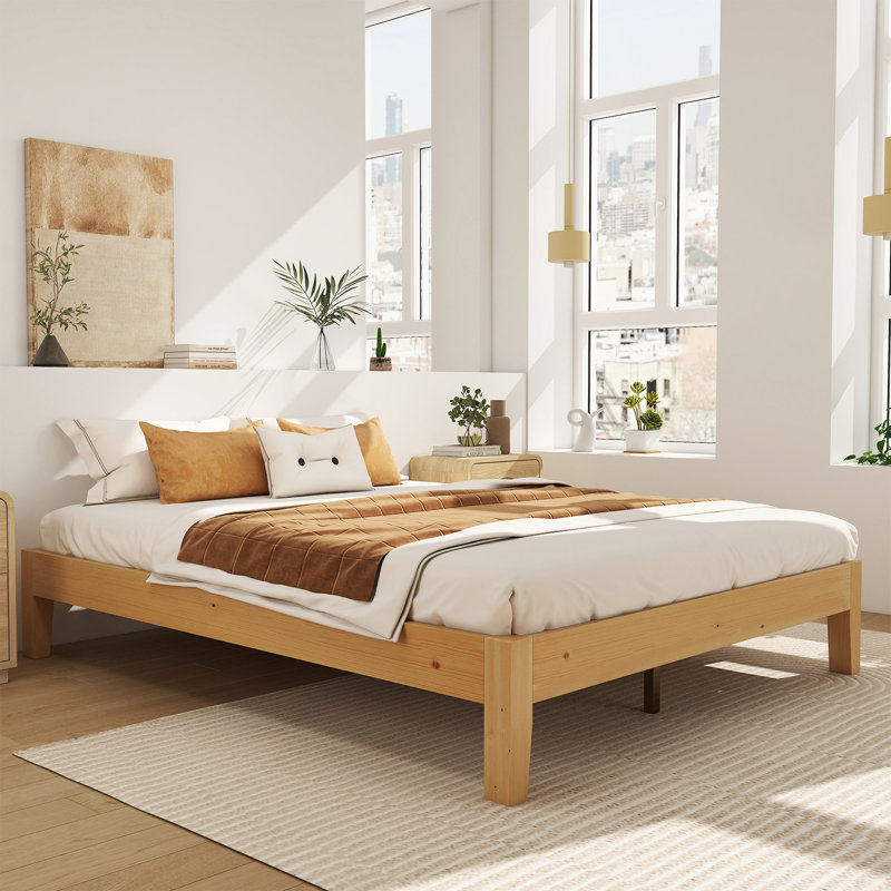 Solid Wood Bed Frame with Slatted Support, No Springs Required, Easy Assembly, Sturdy Center Leg, Queen, Natural