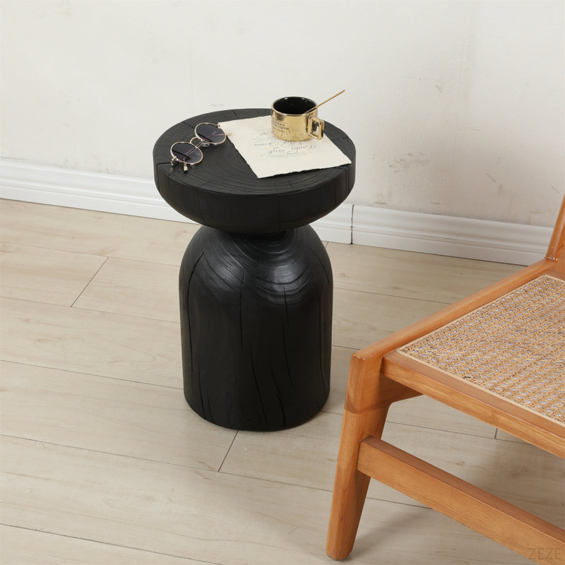 Solid Mango Wood Side End Table, 12.4*17.7   Inch Round Contemporary Wooden Accent Table, Small Round Plant Stand, Burnt Vintage Cracked End Table For The Living Room And Bedroom