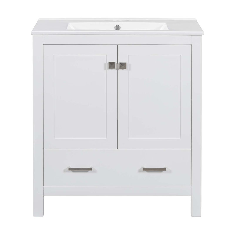 Meuble-lavabo de 30 po avec lavabo simple, meuble-lavabo sous-comptoir, armoire de rangement avec 2 portes et un tiroir, fermeture en douceur, rangement multifonctionnel, structure en bois massif