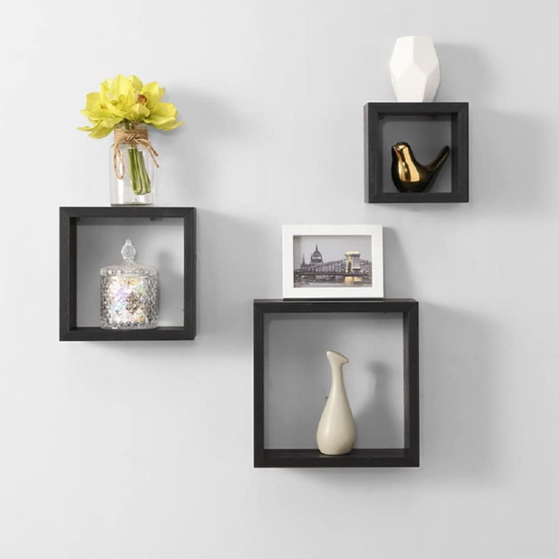 Chaisty 3 Piece Square Floating Shelf, Black