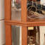 Vitrine d'angle avec système d'éclairage, tablettes réglables et dossier en miroir pour les antiquités mettant en valeur l'éclairage domestique