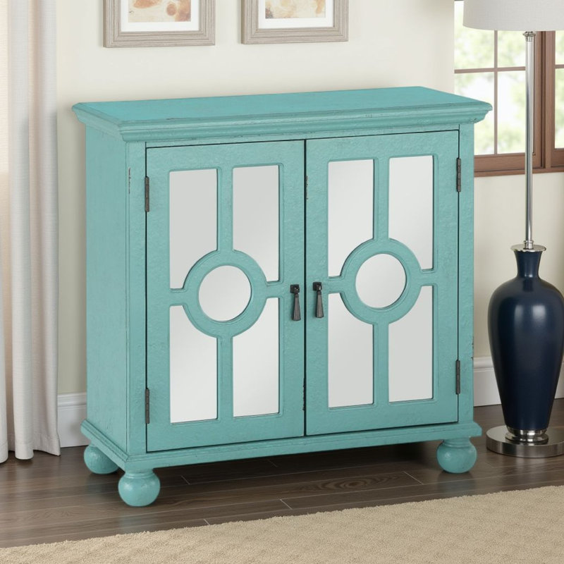 Armoire décorative Anik, 2 portes en verre incrustées de miroirs, bois, Vert aqua