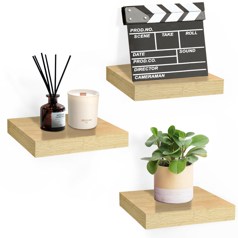 Sorbus 9" Square Tile Floating Shelves with Invisible Brackets Set of 3, Maple