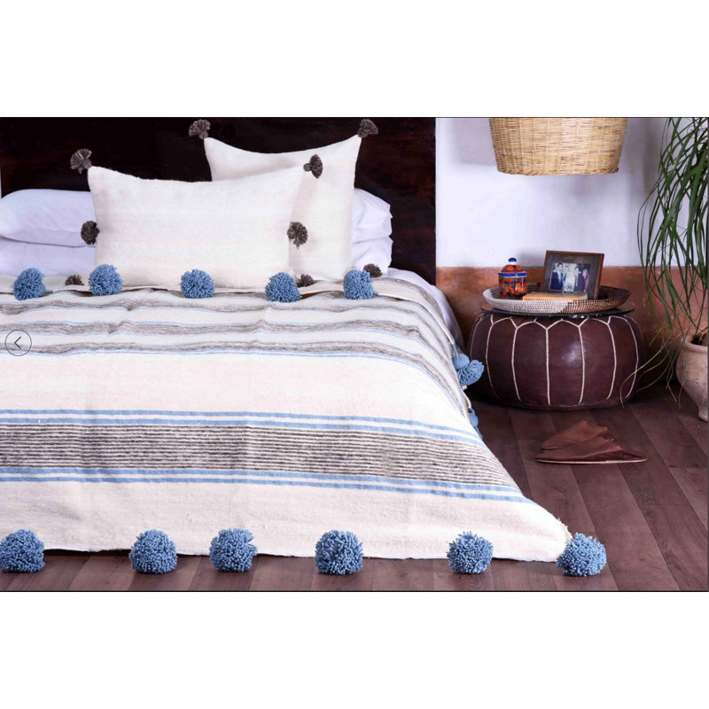 Hand Woven Blanket, White/Blue/Black