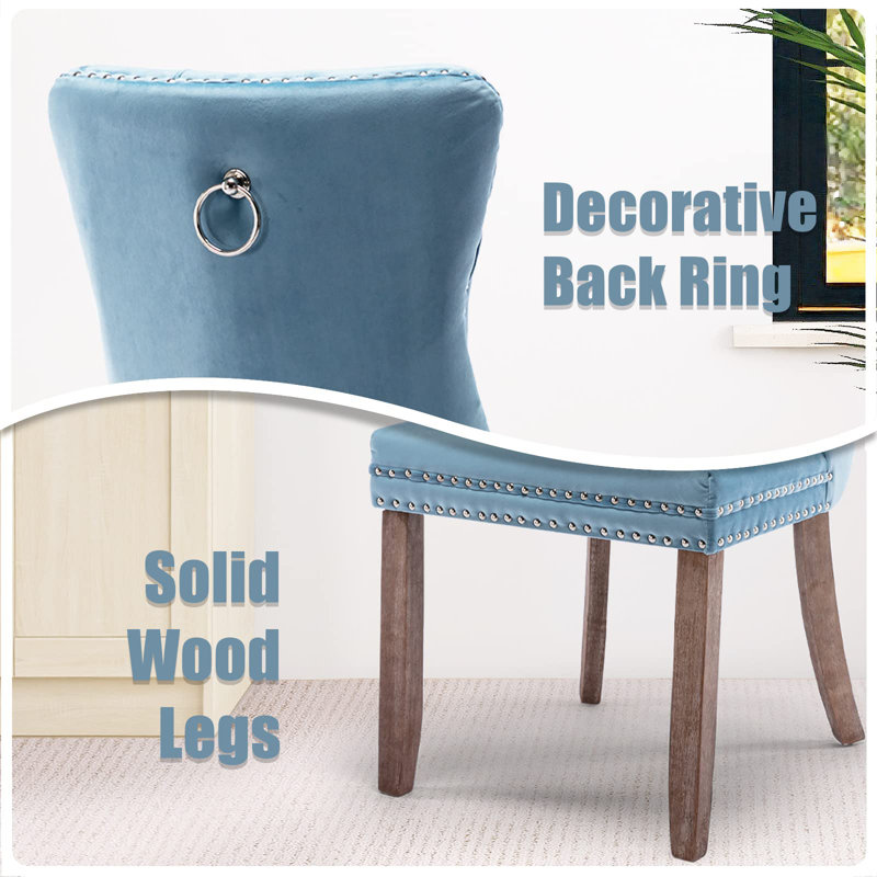 Sky-Blue Velvet Upholstered Dining Chairs with Wood Legs, Set of 6