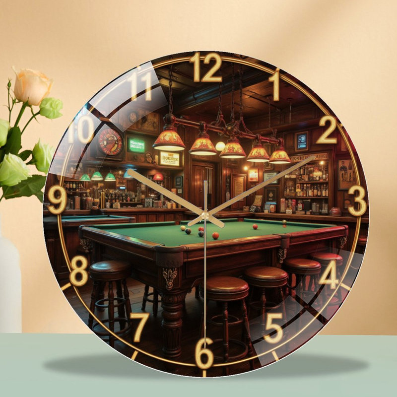 Vintage Bar Clock And Billiard Table Decor Art - 12'' Modern Glass Wall Clock
