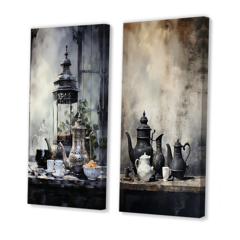 «Coffee Pottery Silhouettes», ensemble d'art mural sur toile café et thé, H 28 po x l 25 po, Toile tendue