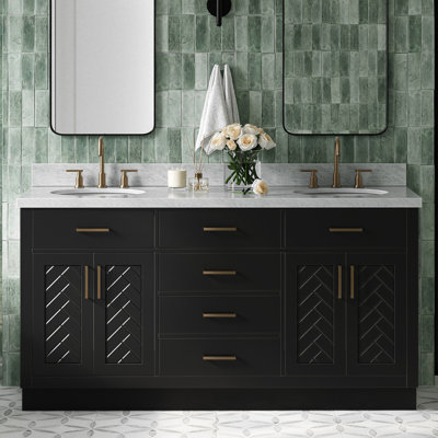 Meuble-lavabo ovale double 67 po à chevrons avec comptoir en marbre blanc de Carrare 1,5 po noir
