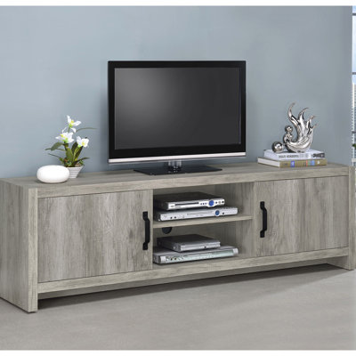 Meuble télé de 71 po au fini bois de conifère gris, avec tablettes réglables et support pour espaces de vie, avec deux portes, espace de rangement polyvalent