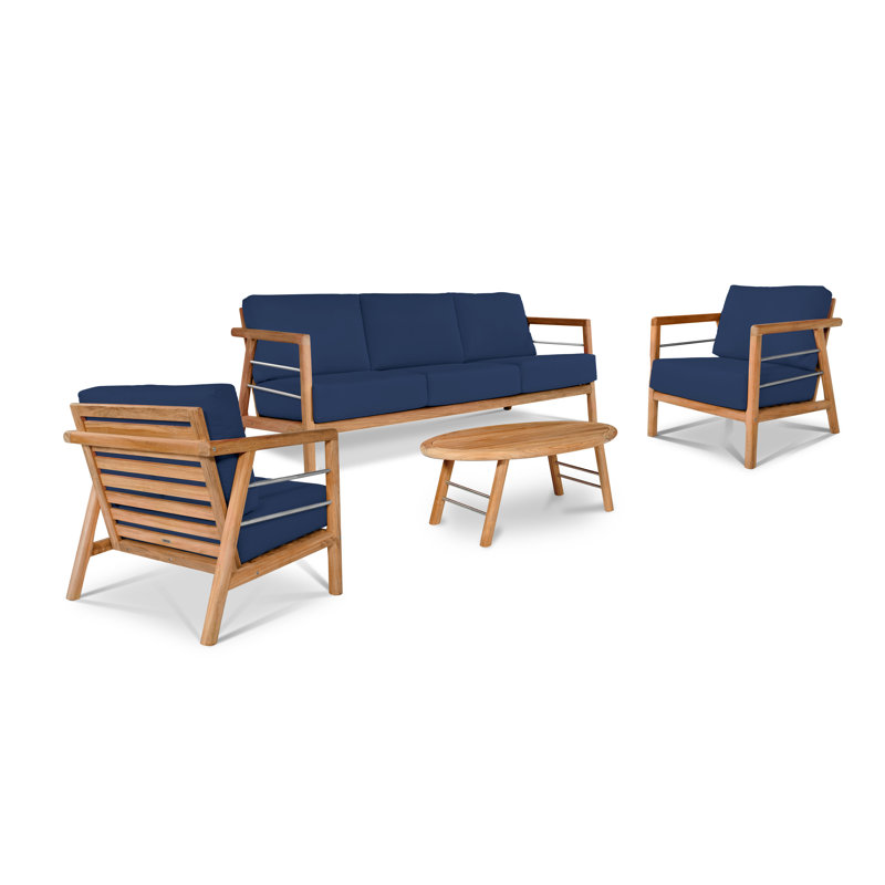 Aalto 4-Piece Teak Deep Seating Outdoor Sofa Set With Sunbrella Melon Cushions, Navy Sunbrella®