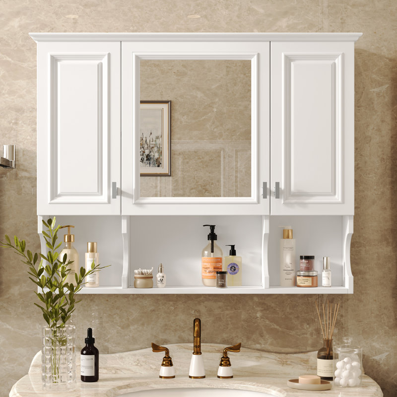 Armoire à pharmacie murale 35 po x 28 po avec miroir et tablettes, Blanc