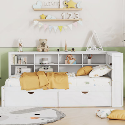 Lit de jour simple en bois avec rangement, ports de chargement USB et 2 tiroirs, parfait pour les chambres modernes et peu encombrantes