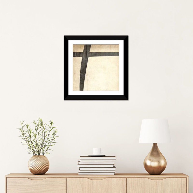 «Plus - Bleached Linen», art textuel sur toile en beige et brun, H 16 po x l 16 po x P 1 po, Papier d'art encadré noir, Blanc