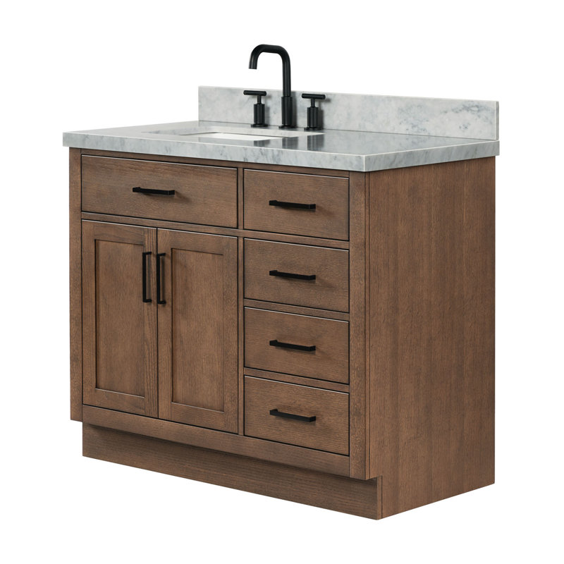 Meuble-lavabo simple en bois massif Tidworth de 42 po avec plateau en marbre de Carrare de 1,5 po, Gauche, Chêne brun