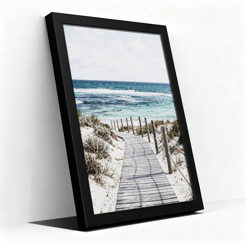 Art mural en bois, promenade en bois vers l'océan turquoise et sable blanc, H 24 po x l 16 po
