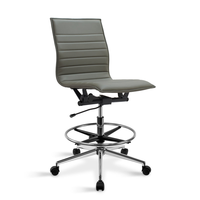 Set of 2 Modern Drafting Chair | Upholstered PU Leather Ribbed Mid Back with Tall Adjustable Base & Leg Rest Swivel, Home, Executive, Conference, Meetings, Armless, No Arms, With Arms