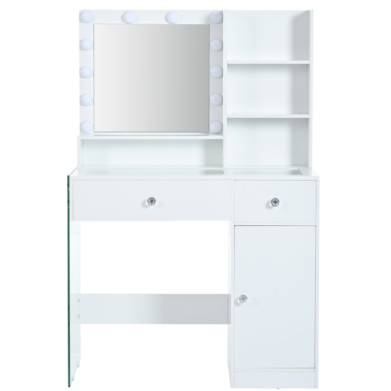Coiffeuse de maquillage avec 12 lumières, éclairage réglable, plateau en verre, tablettes de rangement, blanc, miroir de bureau, 3 modes d'éclairage, pieds, 2 tiroirs, armoire, facile à installer