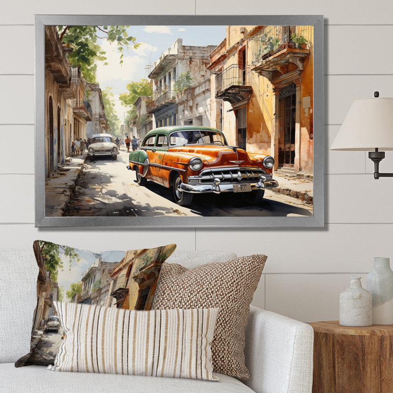 «Havana Orange Car», reproduction sur toile, H 24 po x l 32 po x P 1 po, Cadre simple argenté