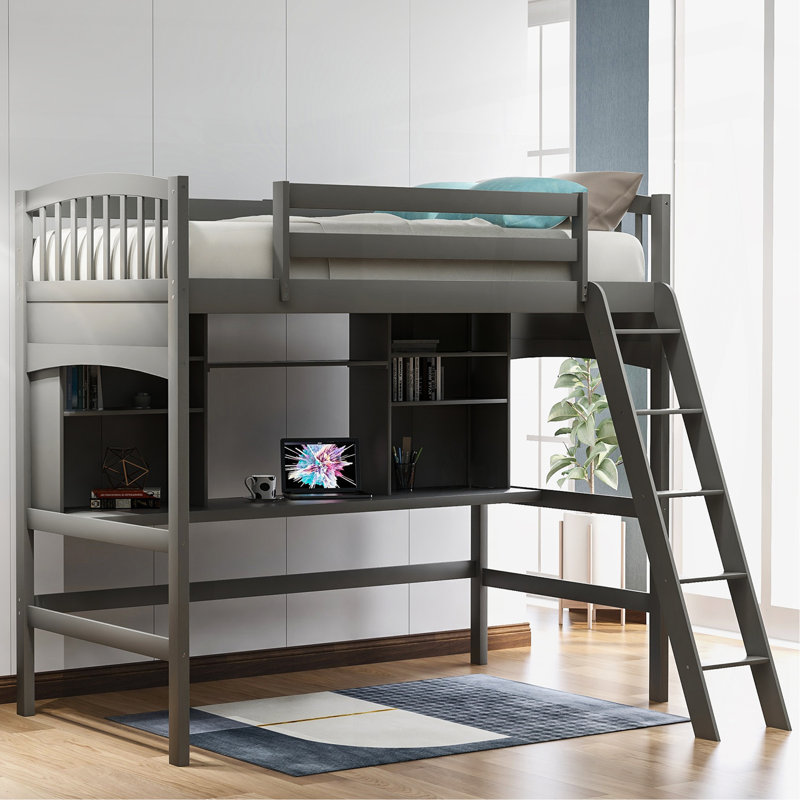 Twin Size Loft Bed With Storage Shelves, Desk And Ladder, Gray, Gray