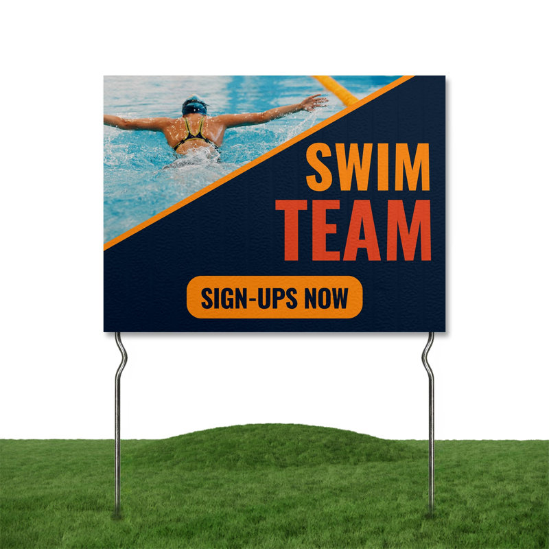 Swim Team Sign-Ups Now! Yard Sign by DC | 24"x18" Double Sided Swimming Garden Sign with 13” Metal Stakes | Outdoor Signs Waterproof for Lawn, Patio, Sidewalk & House | Set of 4 | Made in USA